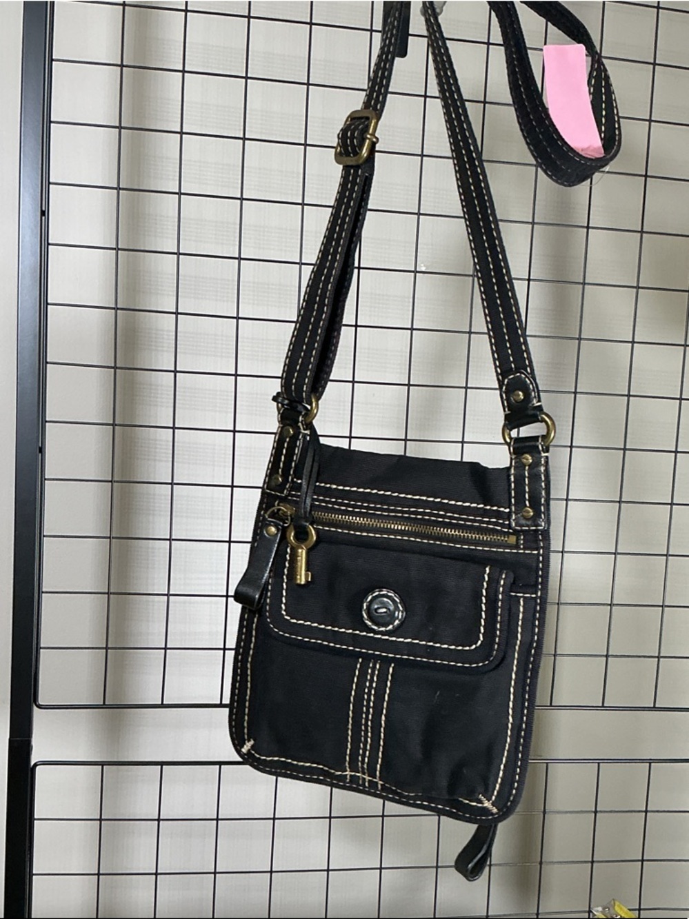 Fossil Black Leather Crossbody Bag Organizer Multi Pocket Everyday
